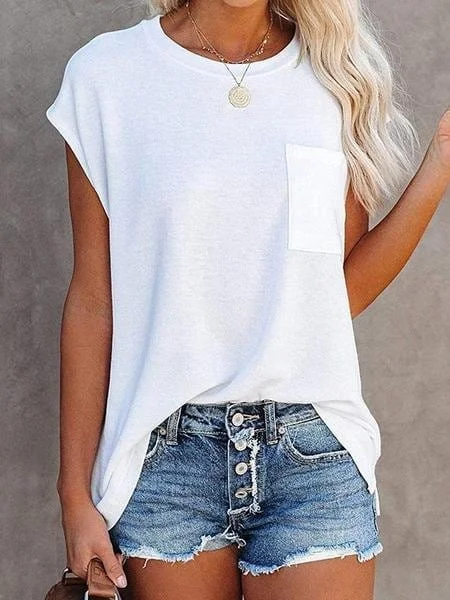 Round Neck Solid T-shirt With Pocket Zippered Front Buttoned Front Snap Front