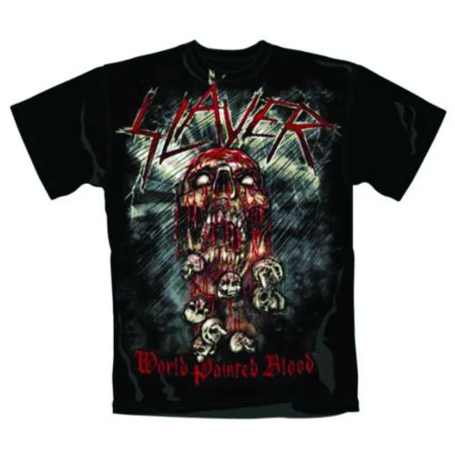 Slayer | Official Band T-Shirt | World Painted Blood Skull Embroidered Appliqued Beaded Slayer | Official Band T-Shirt | World Painted Blood Skull Embroidered Appliqued Beaded