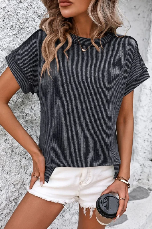 Striped Round Neck Short Sleeve T-Shirt Terry Blend Velvet Blend Canvas Blend