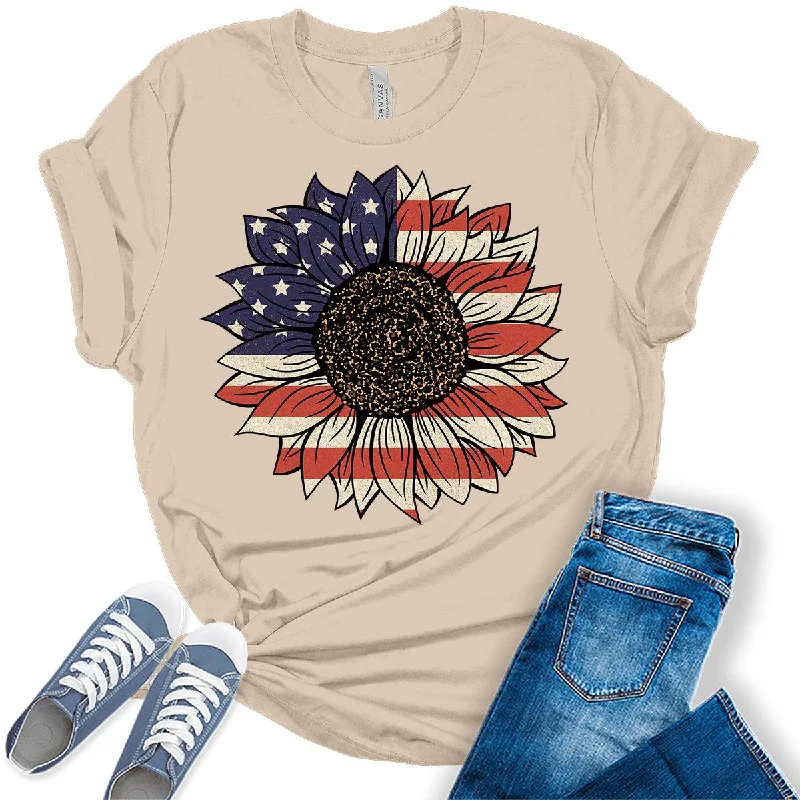 Sunflower American Flag Graphic Tees For Women Ribbed T-Shirt High Neck Heavyweight