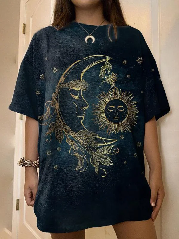 Celestial Charm Women's Sun & Moon Print T-shirt Mesh Blend Leather Blend Suede Blend Celestial Charm Women's Sun & Moon Print T-shirt Mesh Blend Leather Blend Suede Blend