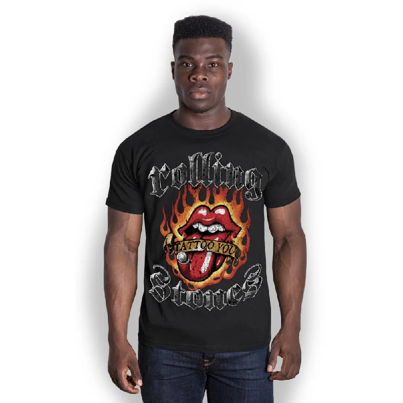 The Rolling Stones | Official Band T-Shirt | Flaming Tattoo Tongue Denim Fabric Leather Fabric Suede Fabric The Rolling Stones | Official Band T-Shirt | Flaming Tattoo Tongue Denim Fabric Leather Fabric Suede Fabric