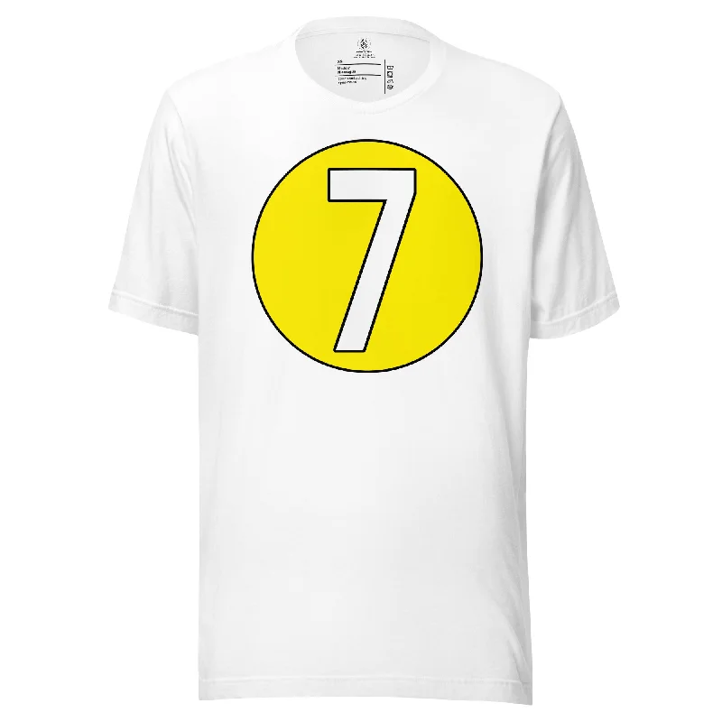 Unisex t-shirt: White on Yellow 7 Graphic Embroidered Appliqued