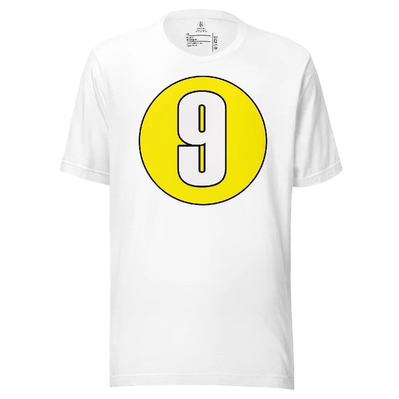 Unisex t-shirt: White on Yellow 9 Notch Collar Peter Pan Collar Cowl Neck