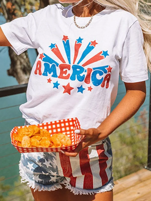 America Flag Print White Round Neck Tee Boxy Fit Fitted Loose