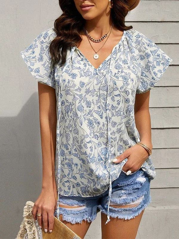 Print V-Neck Double Layer Ruffle Sleeve Loose T-Shirt Spandex Blend Rayon Blend Denim Blend Print V-Neck Double Layer Ruffle Sleeve Loose T-Shirt Spandex Blend Rayon Blend Denim Blend