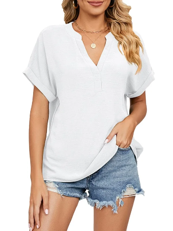 Solid Color V-Neck Loose Short Sleeve Chiffon T-Shirt Solid Color Striped Floral