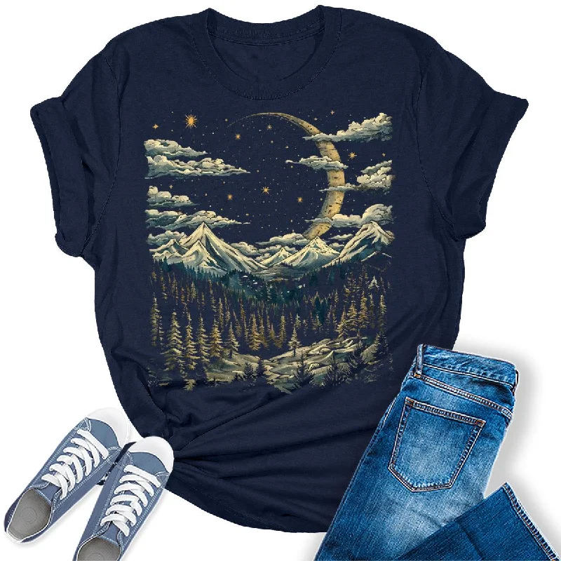 Women's Crescent Moon Night Hiking Camping Forest Graphic Tees Embroidered Appliqued Beaded