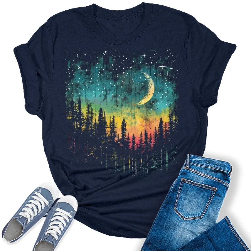 Women's Crescent Northern Lights Camping Forest Graphic Tees V-Neck T-Shirt Long Sleeve Cotton