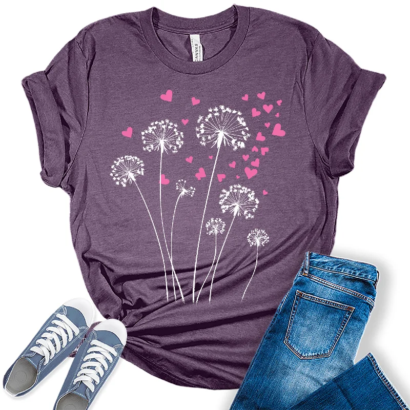 Womens Dandelion Heart T-Shirt Floral Summer Short Sleeve Graphic Tees Handmade Hand-knitted Hand-woven