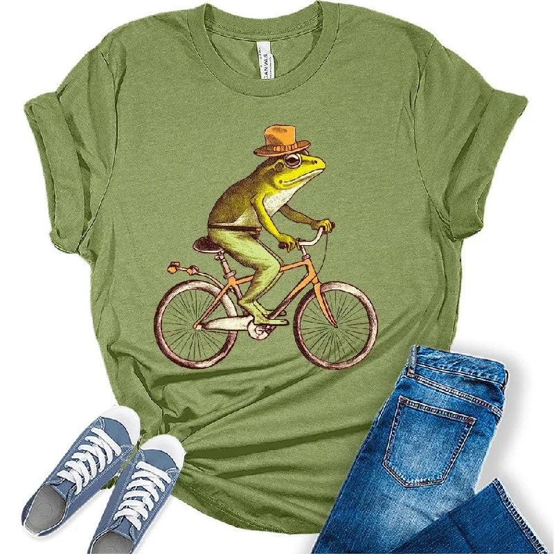 Womens Frog Shirt Cottagecore Aesthetic Frog Riding Bike With Hat T-Shirt Cute Short Sleeve Graphic Tees Plus Size Summer Tops Handmade Hand-knitted Hand-woven