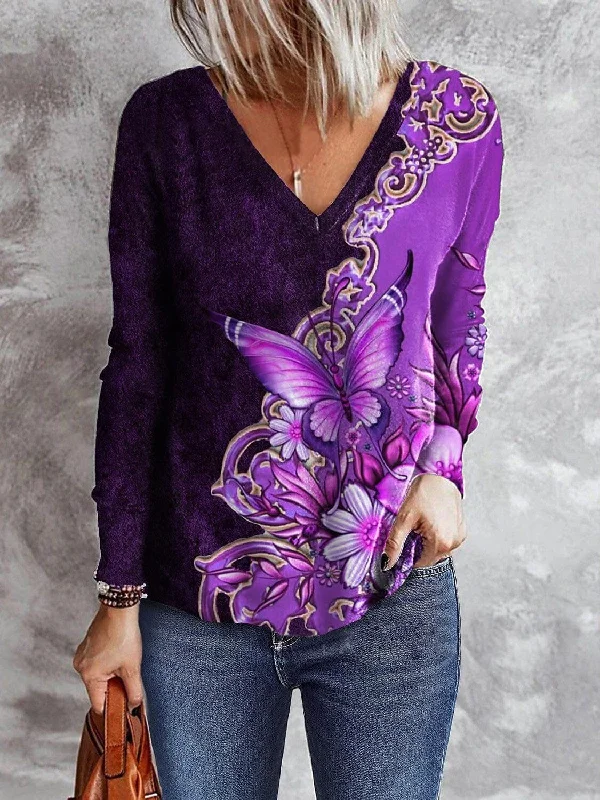 Butterfly Print V-Neck Long Sleeve T-Shirt Jersey Fabric Tulle Fabric Batik Fabric