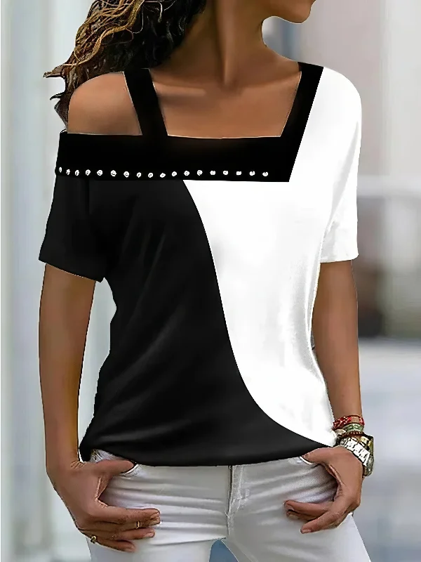 Irregular Neck Contrast Color Short Sleeve T-Shirt Anti-Pilling Machine Wash Handmade Irregular Neck Contrast Color Short Sleeve T-Shirt Anti-Pilling Machine Wash Handmade