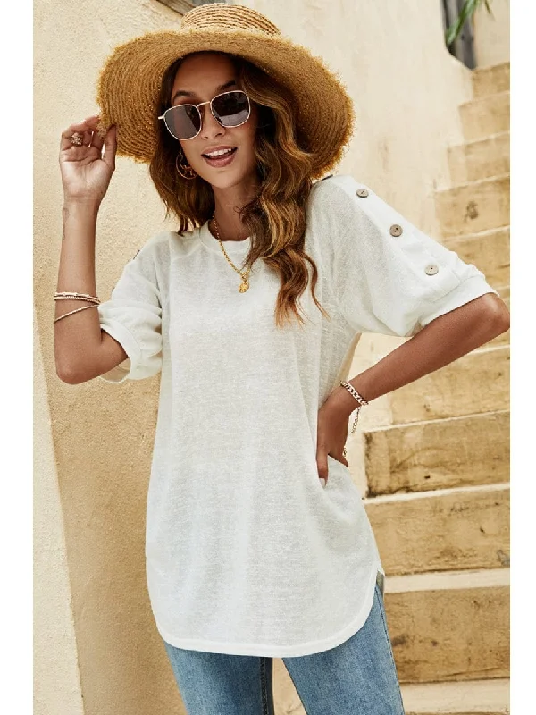 Loose Round Neck Button Casual Half-Sleeve T-Shirt Modern Contemporary Chic