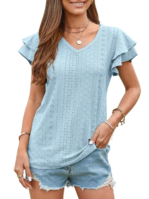 Solid Color Hollowed-Out Lotus Leaf Sleeve Casual T-Shirt Anti-Shrink Durable Soft