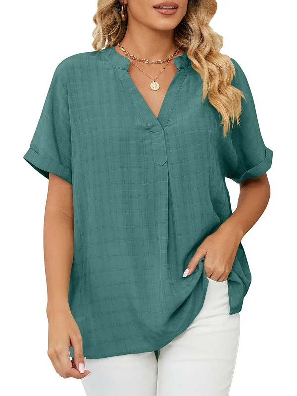 Solid V-Neck Loose Short Sleeve T-Shirt Spandex Blend Rayon Blend Denim Blend