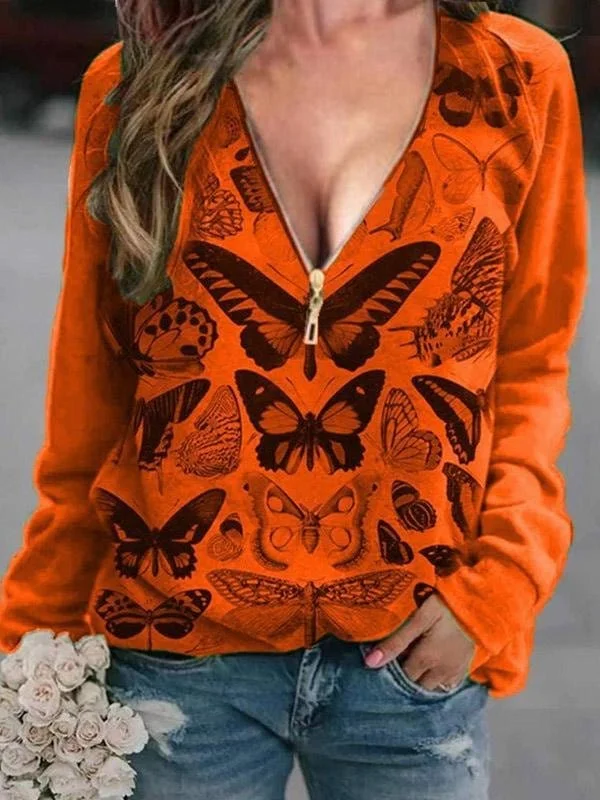 V-Neck Butterfly Print Zipper T-Shirt with Long Sleeves Machine Wash Dry Clean Hand Wash V-Neck Butterfly Print Zipper T-Shirt with Long Sleeves Machine Wash Dry Clean Hand Wash