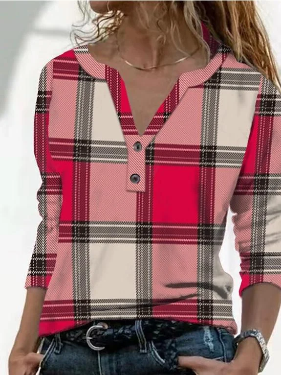 Vintage Check Print V-Neck Button Long Sleeve T-Shirt Cashmere Blend Cotton Blend Poly Blend Vintage Check Print V-Neck Button Long Sleeve T-Shirt Cashmere Blend Cotton Blend Poly Blend