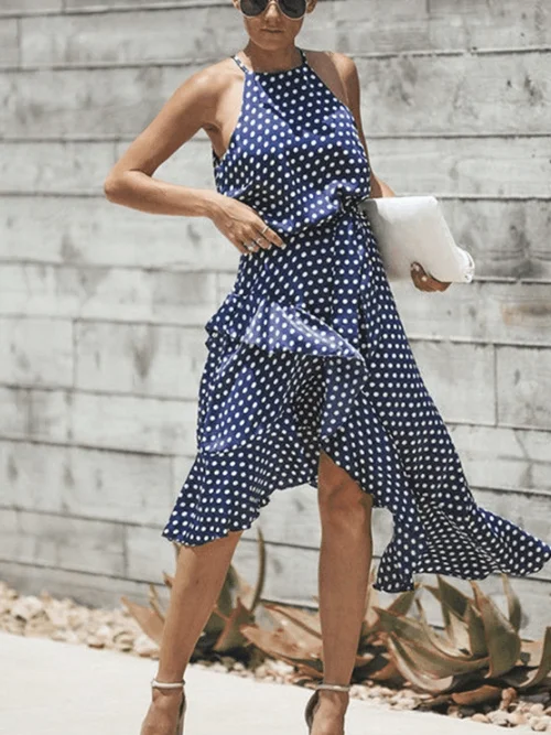 3 Colors Summer Fashion Wave Point Lace Irregular Midi Dress Elegant Pleated Detail Midi Dress