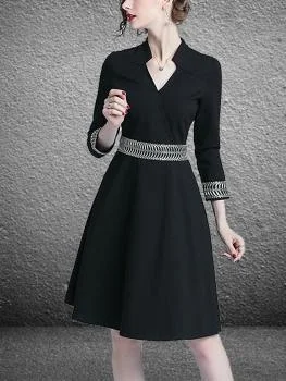 Autumn Black V-Neck Slim A-Line Skirt Midi Dress Fashionable A-Line Midi Dress