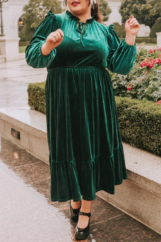 Blackish Green Velvet Frilled up Neck Ruffled High Waist Plus Size Midi Dress Trendy Fit-and-Flare Midi Dress