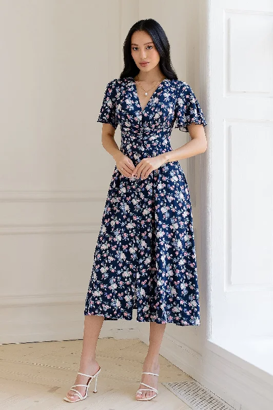 Blue Floral Print Short Sleeve Midi Dress Trendy Shift Midi Dress