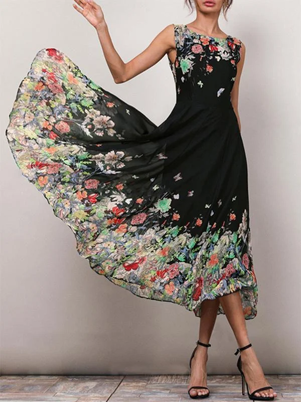 Casual Floral Print Sleeveless A-line Midi Dress Trendy Shift Midi Dress