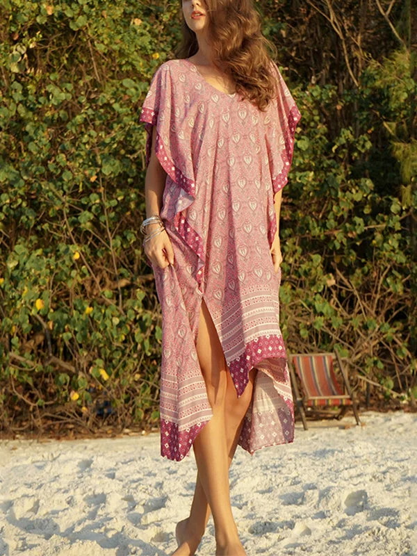 Casual Boho Bat Sleeve V Neck Summer Beach Midi Dress Trendy Ruffled Sleeve Midi Dress