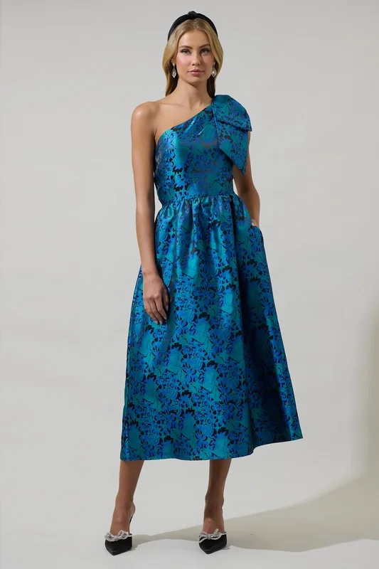Celeste One Shoulder Jacquard Midi Dress Trendy Smocked Waist Midi Dress