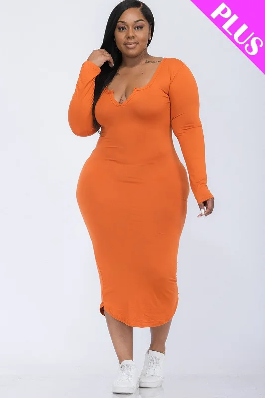 Plus Size Split Neck Long Sleeve Midi Dress Trendy Long Sleeve Midi Dress