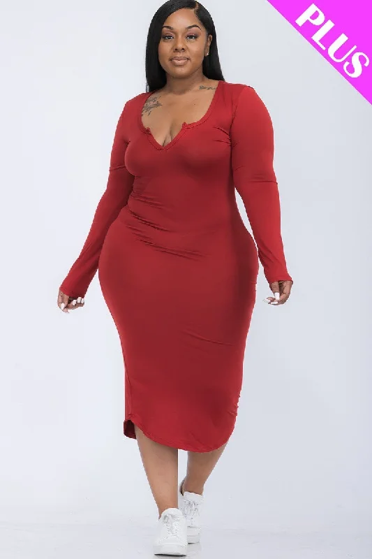 Plus Size Split Neck Long Sleeve Midi Dress Comfortable Fit-and-Flare Midi Dress