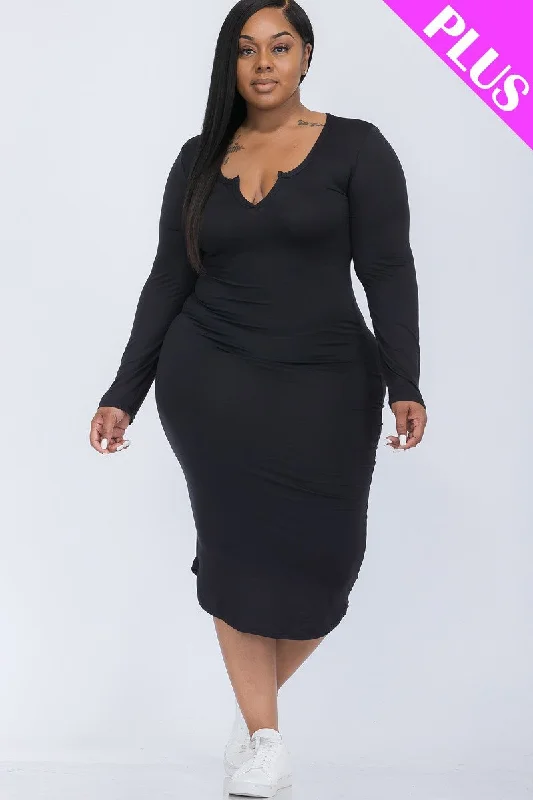 Plus Size Split Neck Long Sleeve Midi Dress Cozy Spaghetti Strap Midi Dress