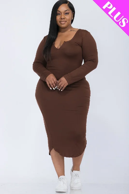 Plus Size Split Neck Long Sleeve Midi Dress Comfortable Wrap Midi Dress