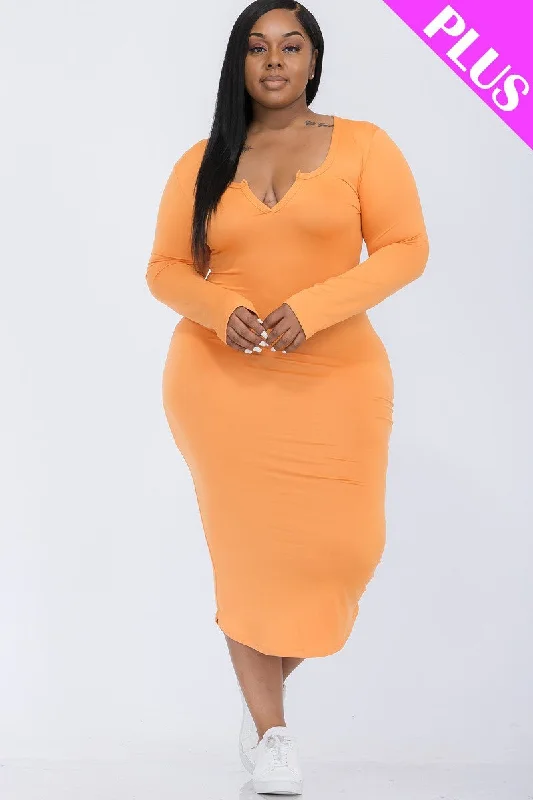Plus Size Split Neck Long Sleeve Midi Dress Fashionable Pleated Midi Dress