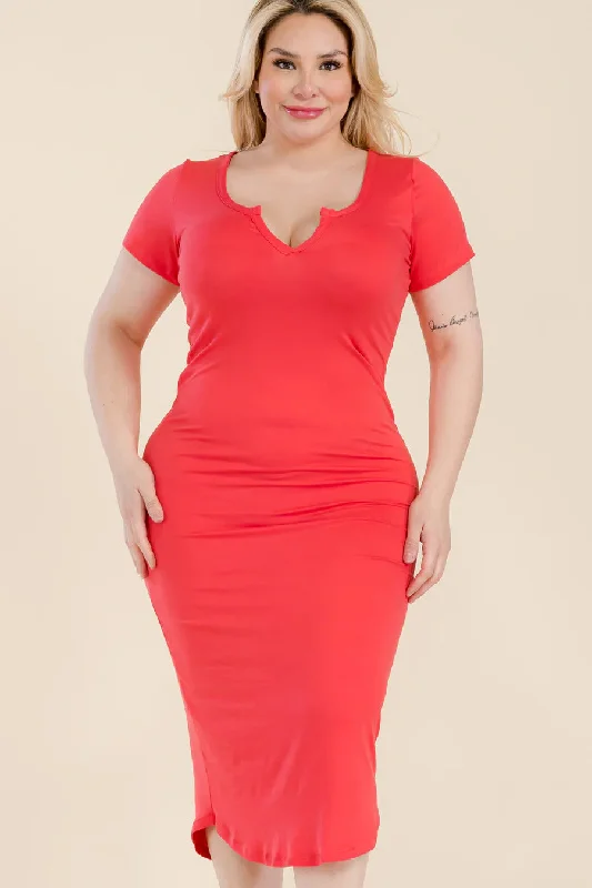 Plus Size Split Neck Bodycon Midi Dress Cozy A-Line Midi Dress