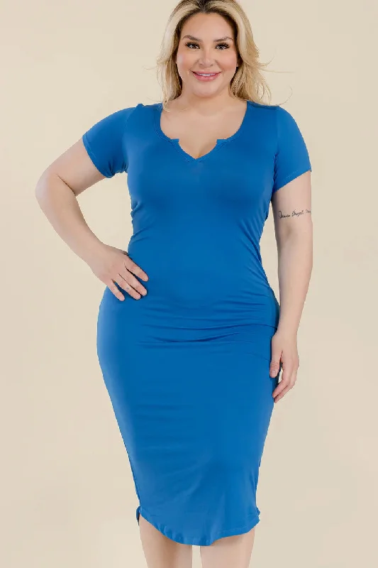Plus Size Split Neck Bodycon Midi Dress Stylish Striped Midi Dress