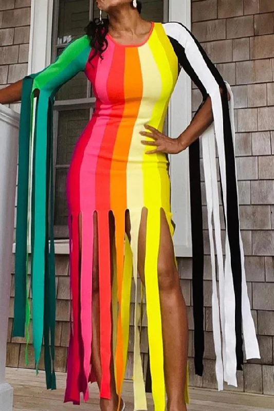 Color Block Dramatic Tassel Midi Dress Elegant Lace Trim Midi Dress