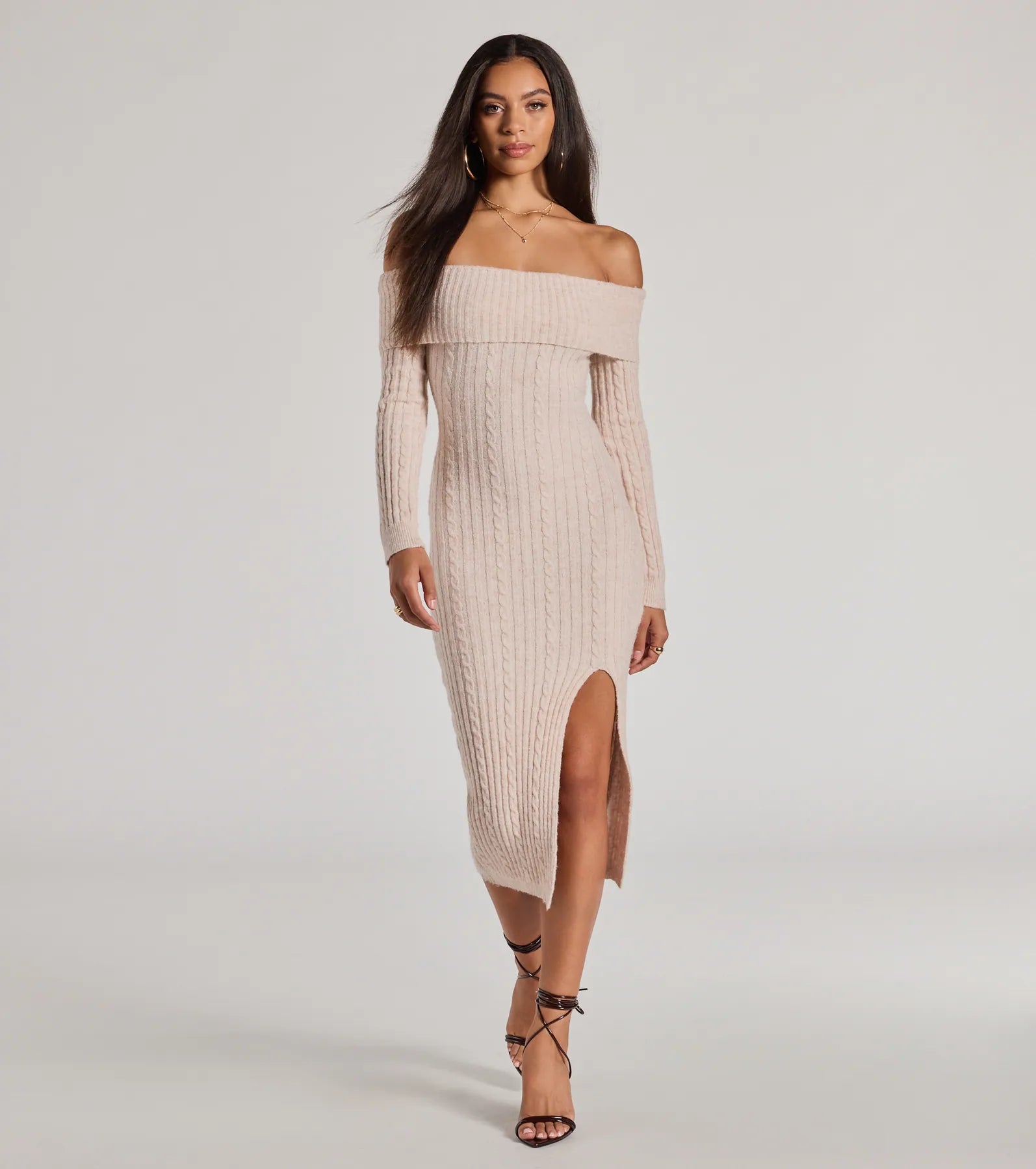 Cozy Luxe Cable Knit Off-The-Shoulder Midi Dress Trendy Mock Neck Midi Dress