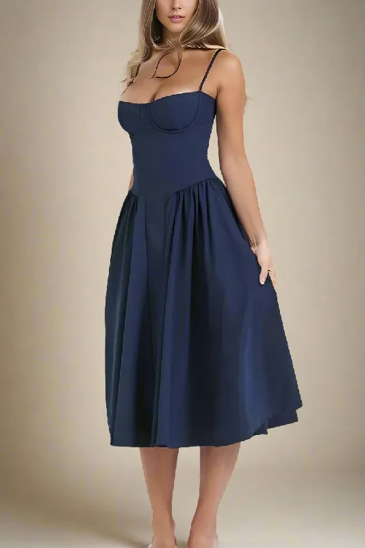 Everly Bodycon Day Midi Dress - Navy Blue Stylish Midi Dress with Cuffs