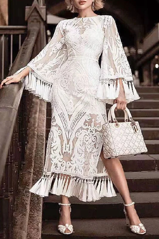 Floral Embroidery Lace Sophisticated Tassel Trim Midi Dress Fashionable A-Line Midi Dress