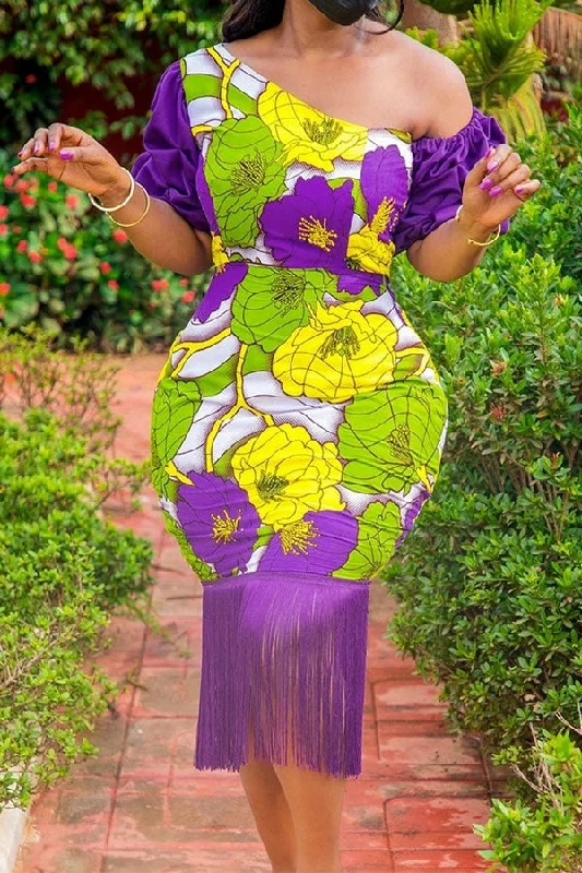 Floral Print Elegant Oblique Collar Tassel Midi Dress Trendy Smocked Waist Midi Dress