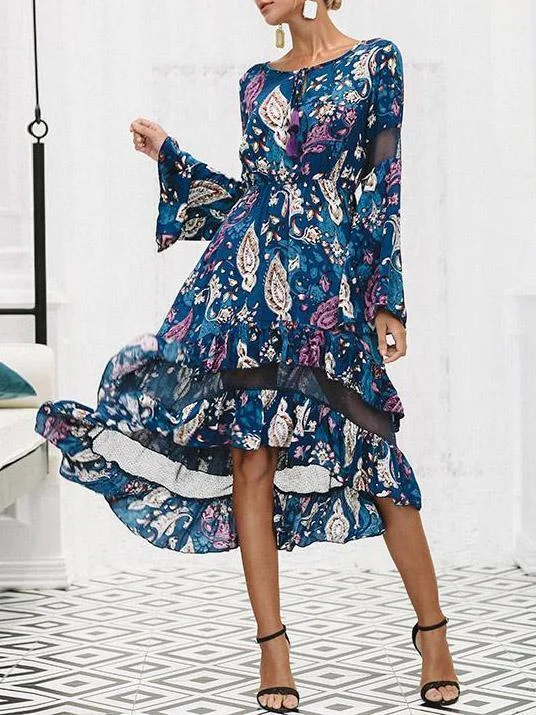 Floral Print Long Sleeve Irregular Midi Dress Fashionable Plaid Midi Dress