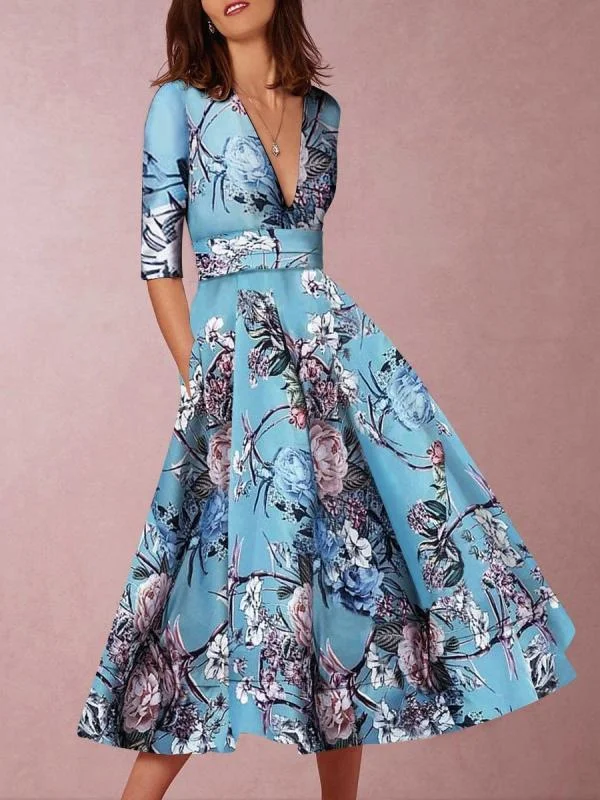 Floral Print V Neck Pleated Midi Dress Stylish Long Sleeve Floral Midi Dress