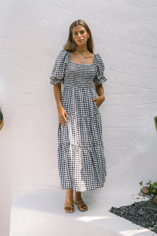 Gabrielle Black Gingham Puff Sleeve Tiered Midi Dress Elegant Maxi-Midi Hybrid Dress