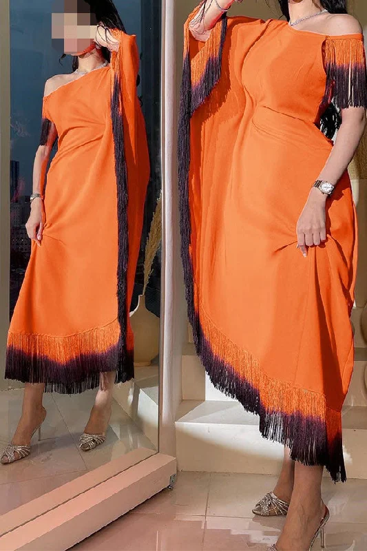 Hit Color Tassel Stunning Asymmetric Midi Dress Trendy Mock Neck Midi Dress