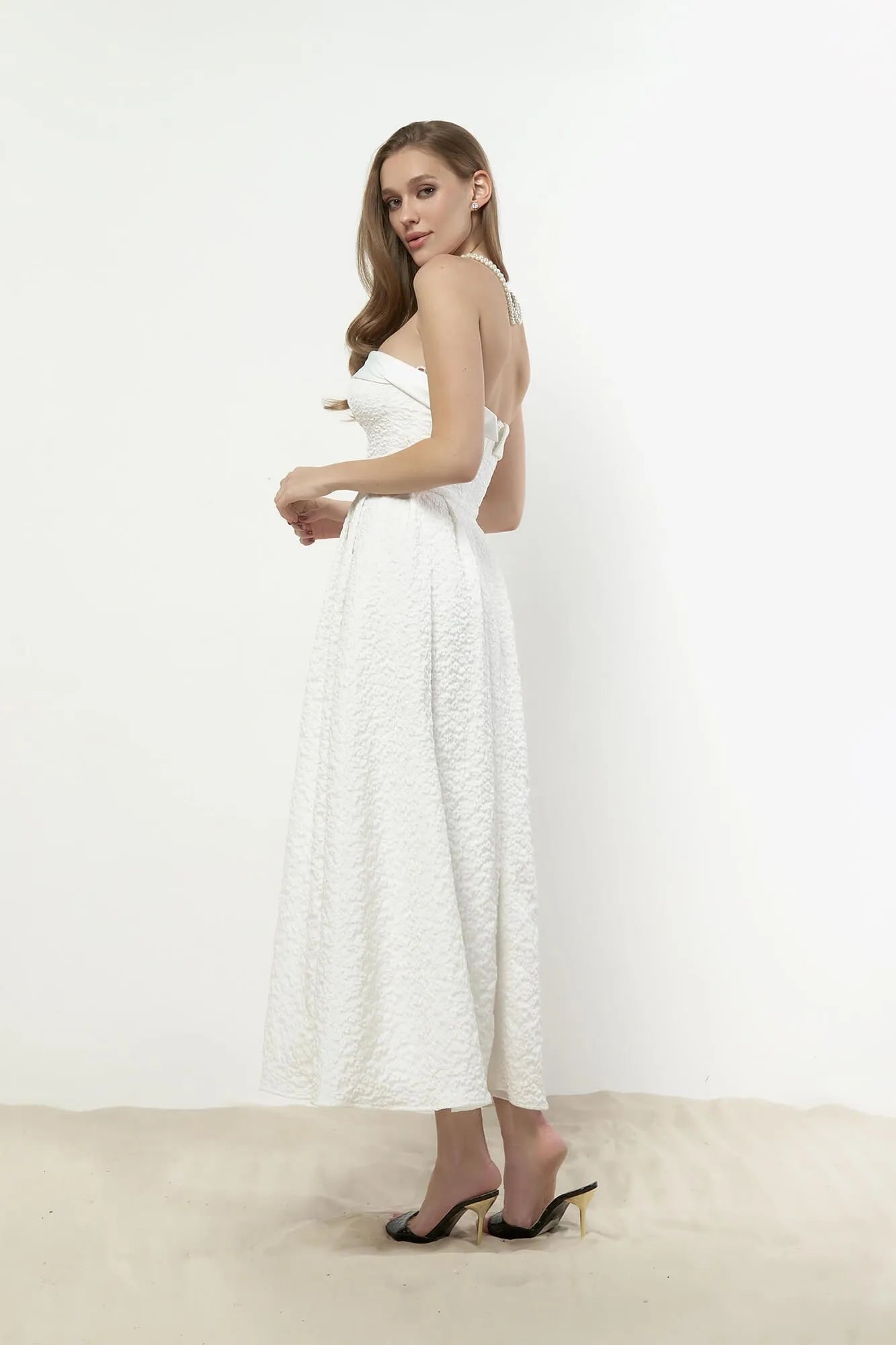Jacquard Midi Dress with Satin Turn-up Comfortable Geometric Print Midi Dress