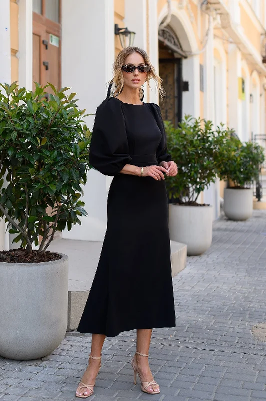 Julie Black Puff-Sleeve Midi Dress Trendy Off-Shoulder Ruffle Midi Dress