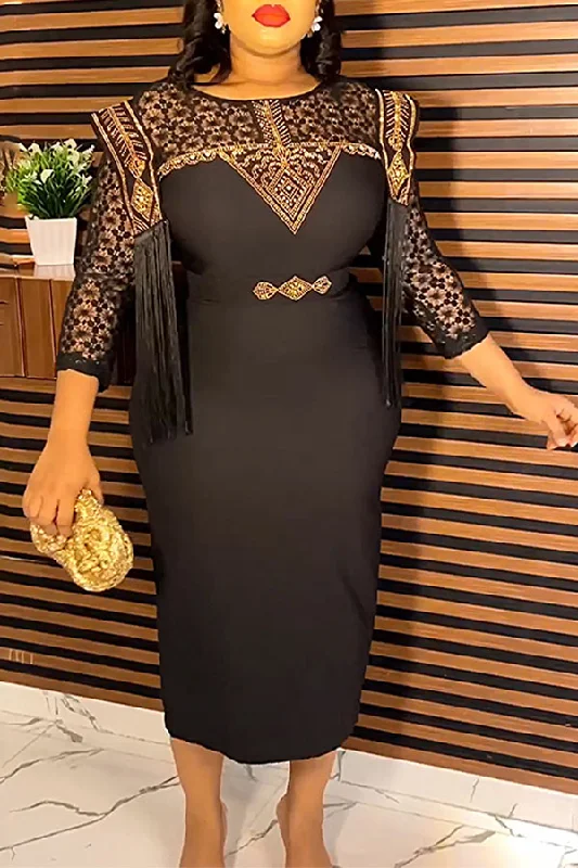 Lace Elegant Rhinestone Decor Patchwork Tassel Midi Dress Elegant Floral Appliqué Midi Dress