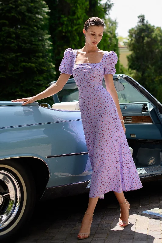 Lavender Floral-Print Puff Sleeve Midi Dress Comfortable Button Front Midi Dress