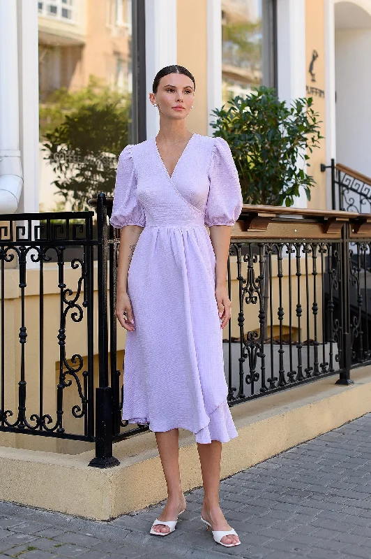 Lavender V-Neck Puff-Sleeve Midi Dress Fashionable Pencil Midi Dress